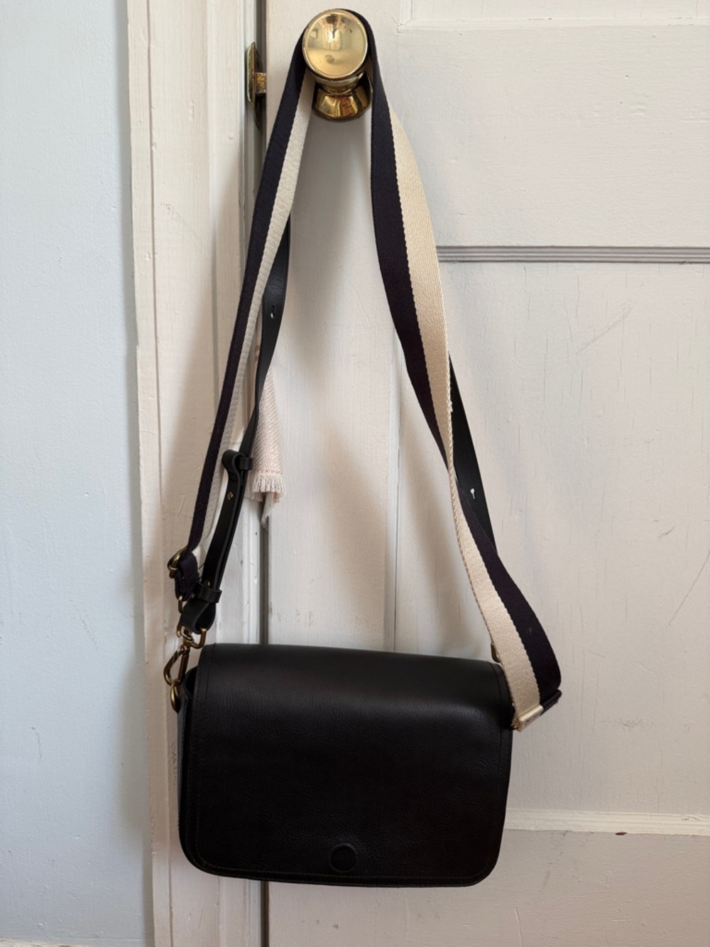 Madewell Black Leather Crossbody with Cream-and-Black Stripe Strap